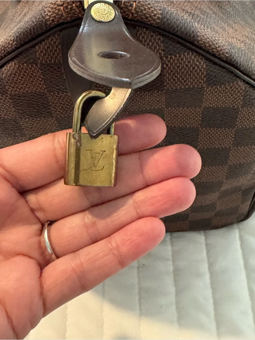 Louis Vuitton Brown Damier Ebene Satchel with Gold-Tone Hardware